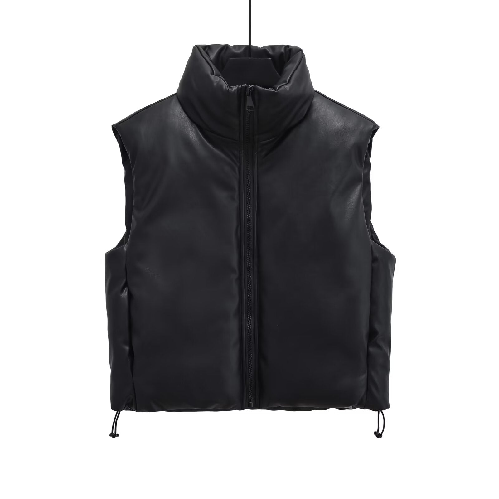 Women's short standing collar Faux Leather cotton vest