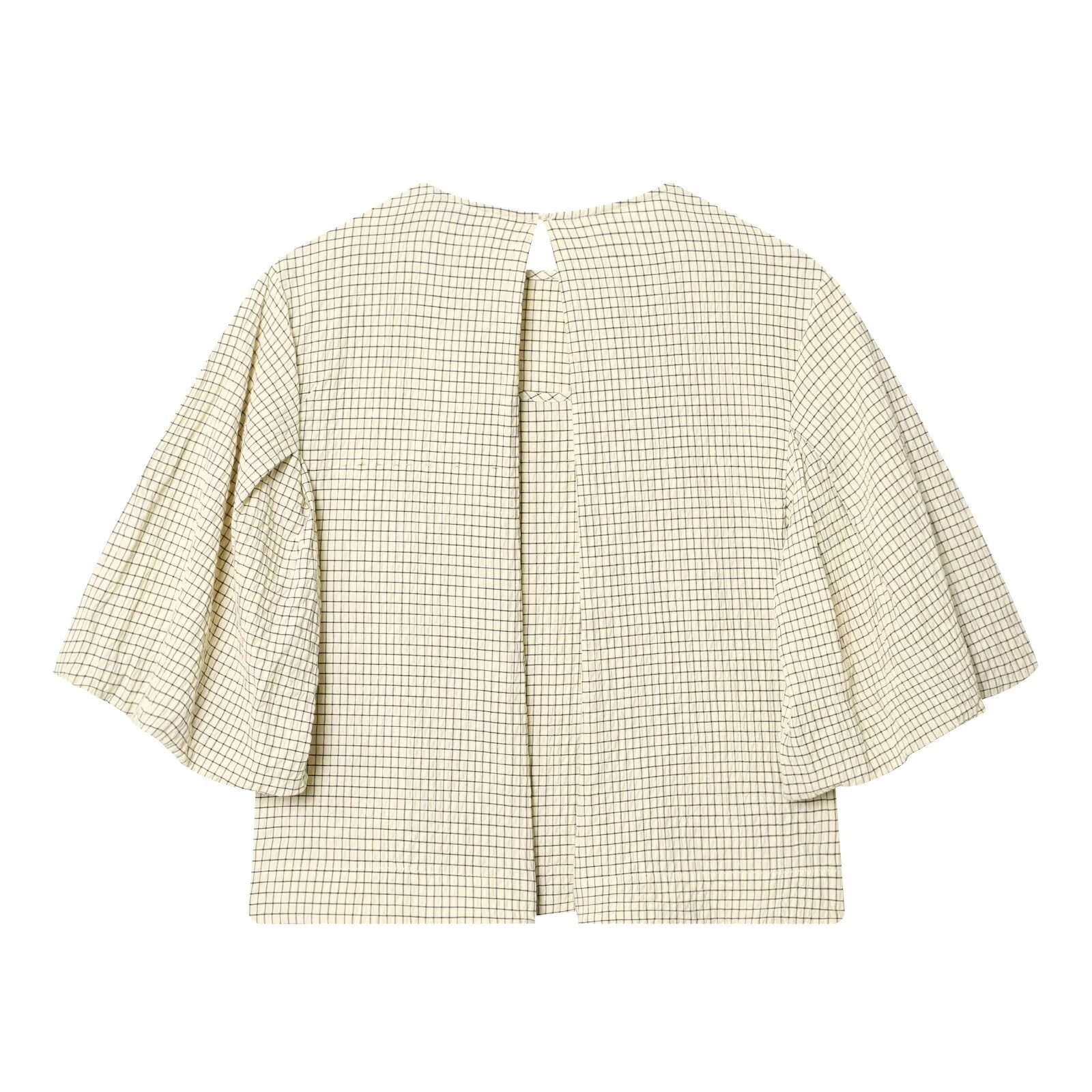 Women's O Neck balloon sleeve checkered top