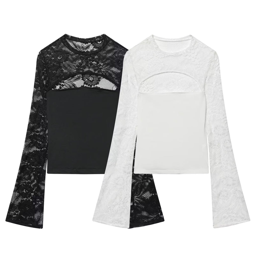 Women's lace patchwork hollow flared sleeve top