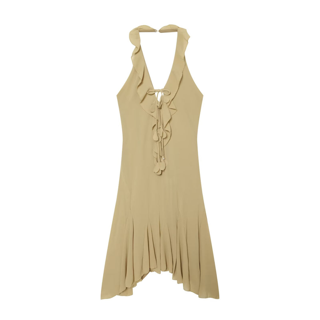 Women's asymmetrical hem hanging neck dress