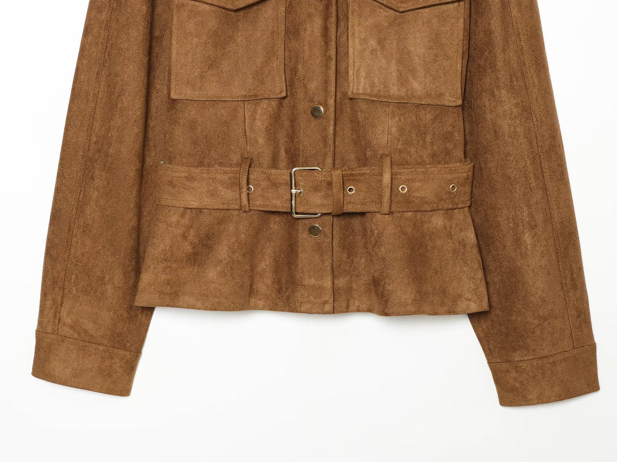 Women's with belt suede texture jacket Coat