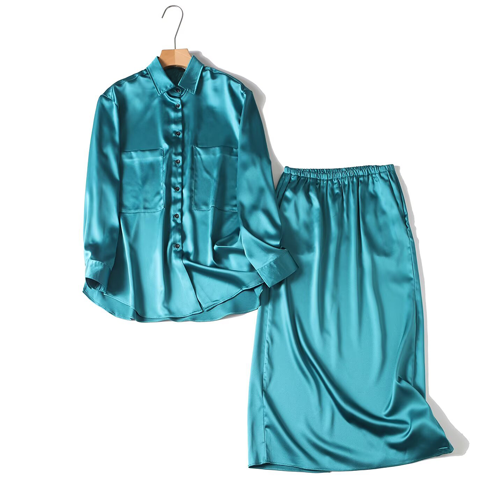 suit Women's 2 pieces loose satin textured shirt+A-line skirt