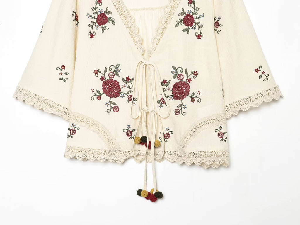 suit Women's 2 pieces floral embroidered lace up top+shorts