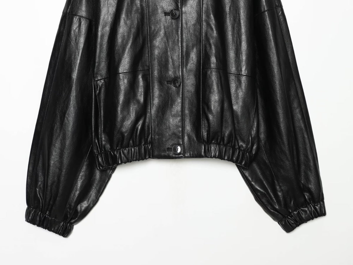 Women's black chimney collar faux leather Coat