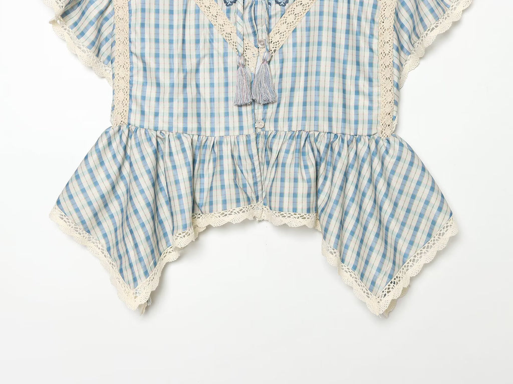 Women's embroidered Plaid short sleeved top