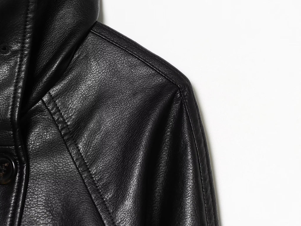 Women's black double breasted Imitation leather jacket