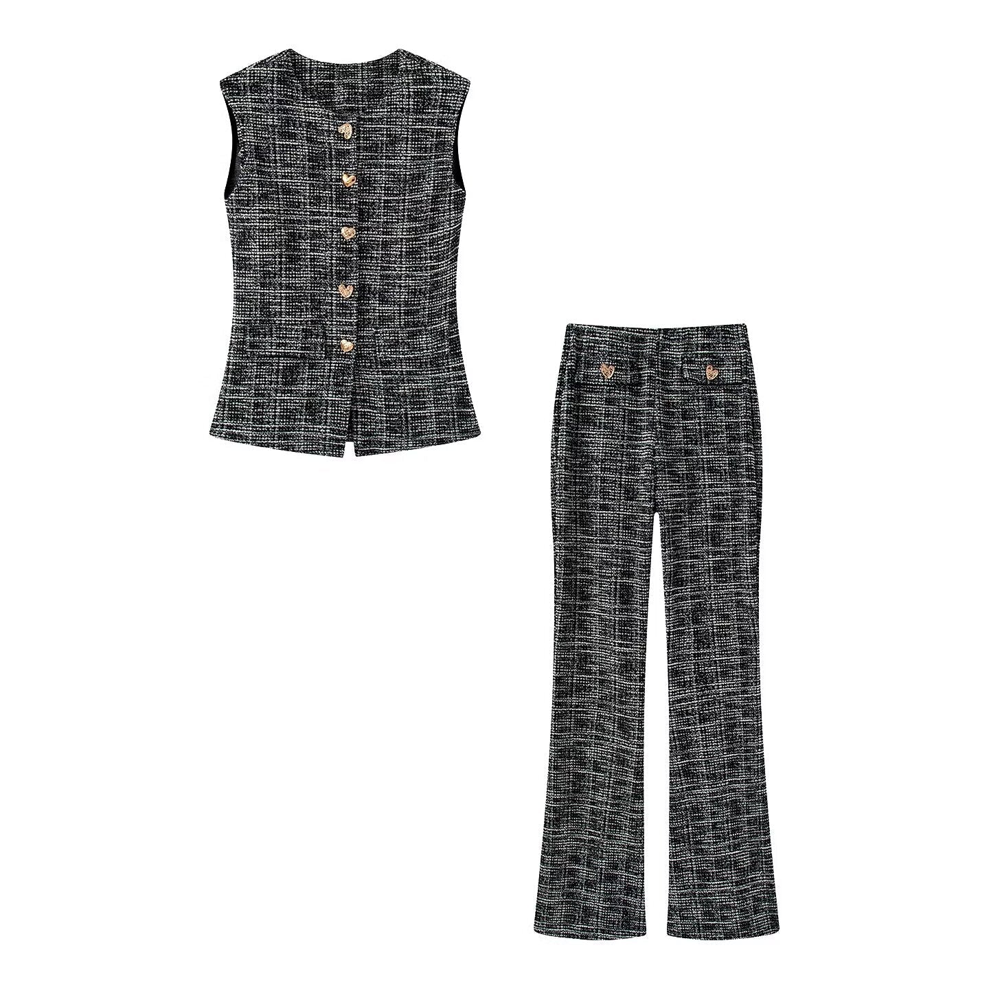 suit Women's 2 pieces button decoration texture vest style top+Flared pants