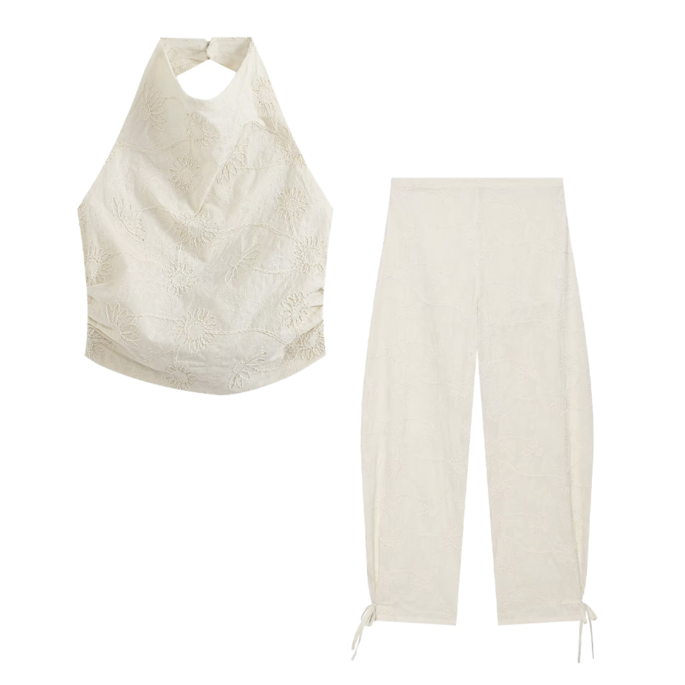 suit Women's 2 pieces embroidered bead hanging neck top+lantern pants