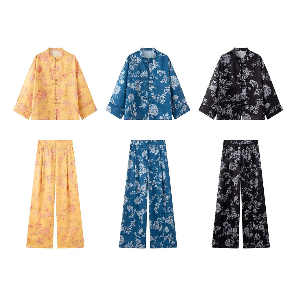 suit Women's 2 pieces new Chinese style stand collar printed top+Pants