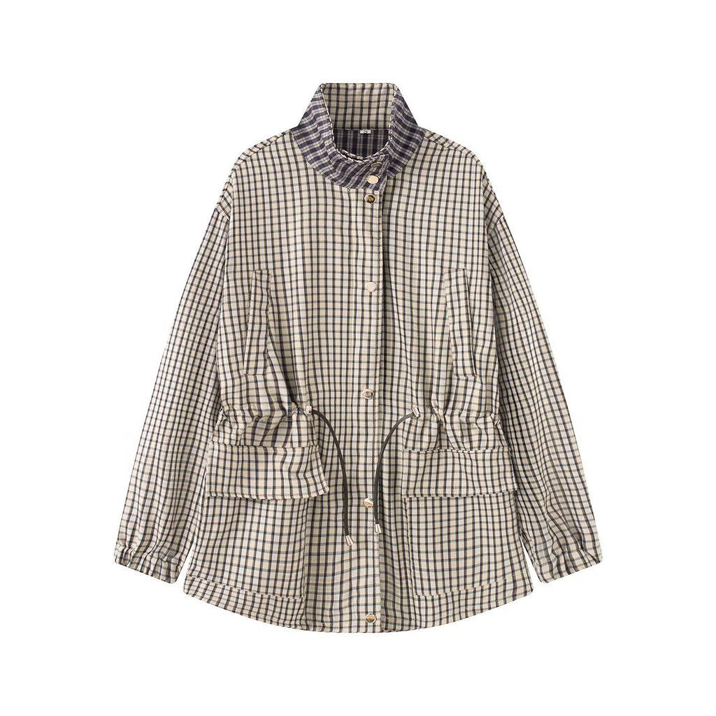 Women's casual stand collar waist cinched plaid Coat