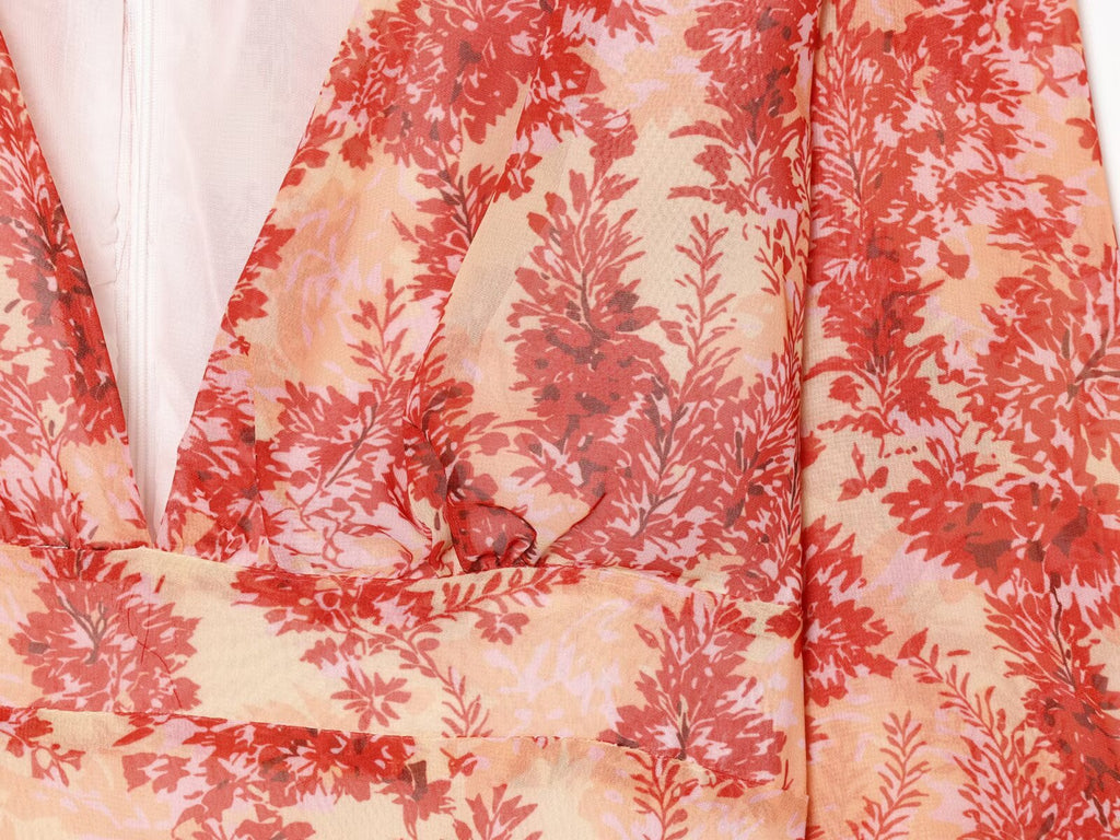 Women's V-neck printed ruffle mini dress