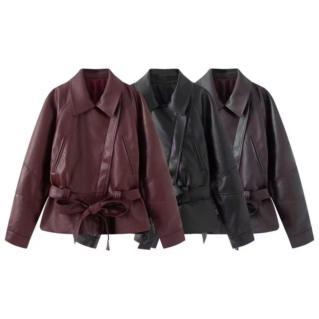 Women's with Belt faux leather windbreaker Coat