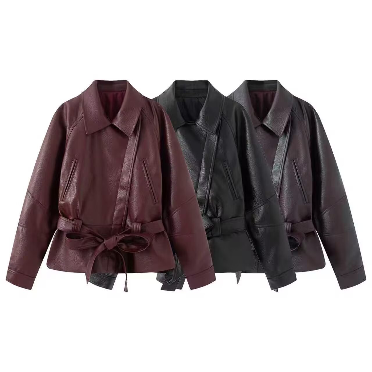 Women's with Belt faux leather windbreaker Coat