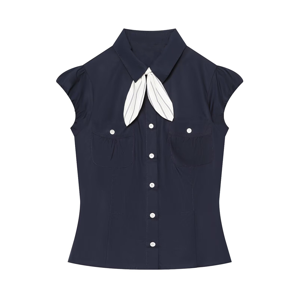 Women's Bubble Sleeve Lapel Lace up Shirt