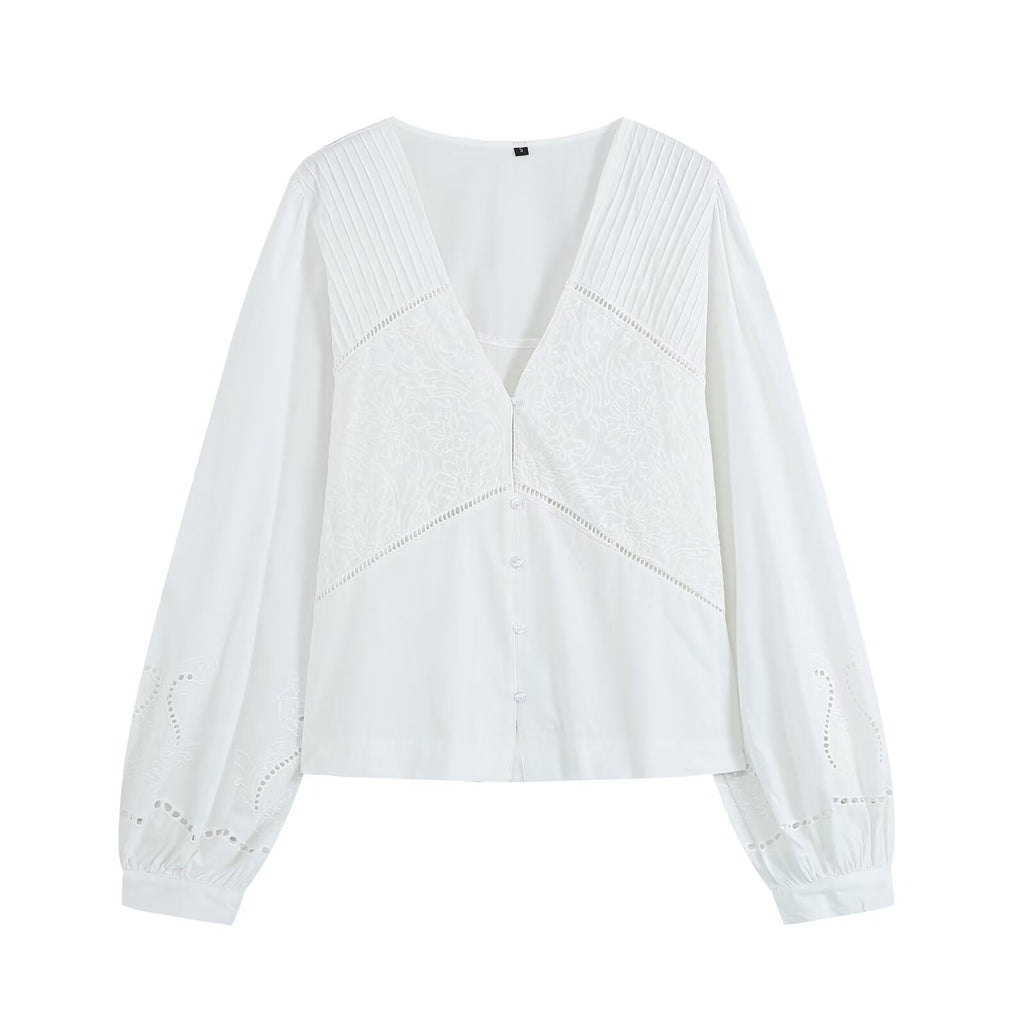 Women's embroidered V-neck poplin shirt