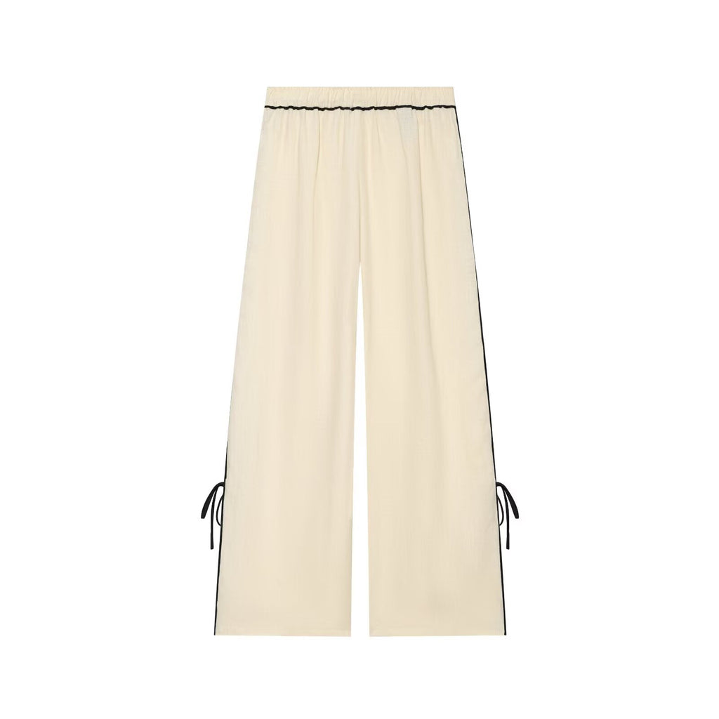 suit Women's 2 pieces lace up decorative linen blend shirt+wide leg pants