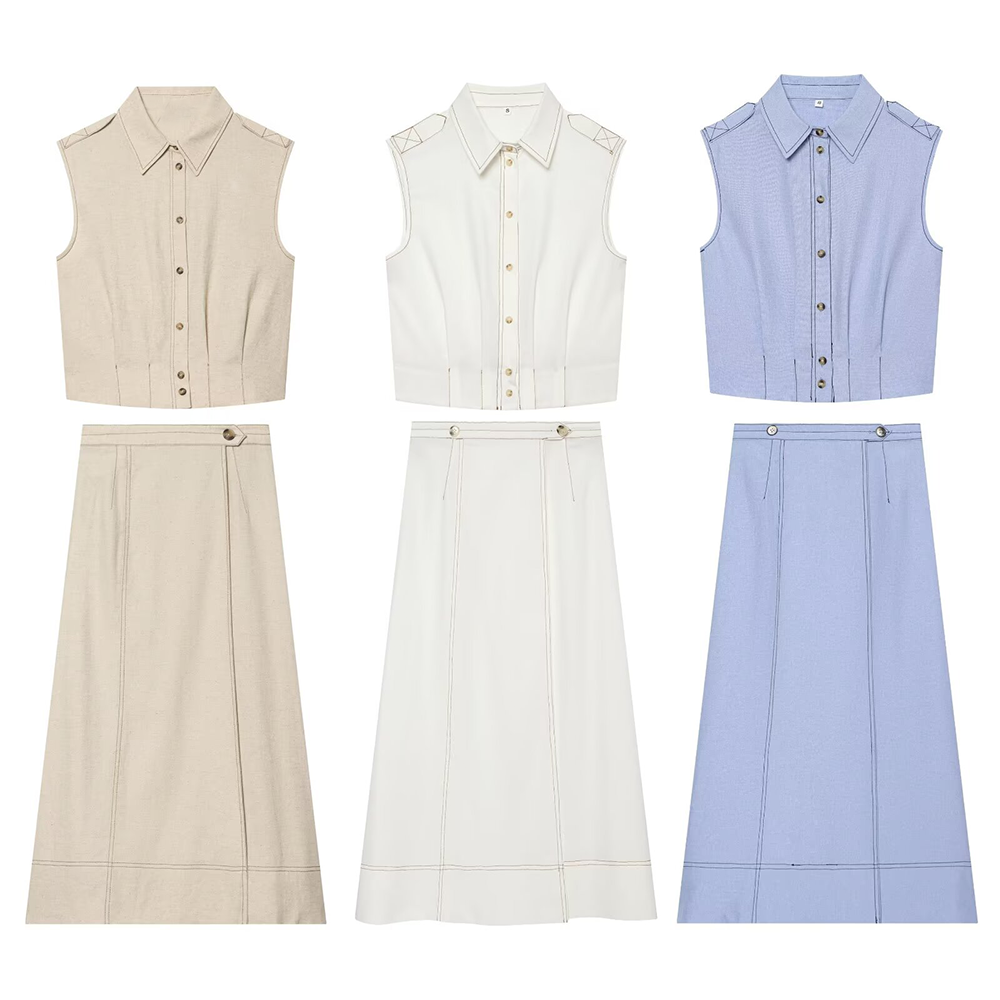 suit Women's 2 pieces Short Line Blended sleeveless Top+skirt