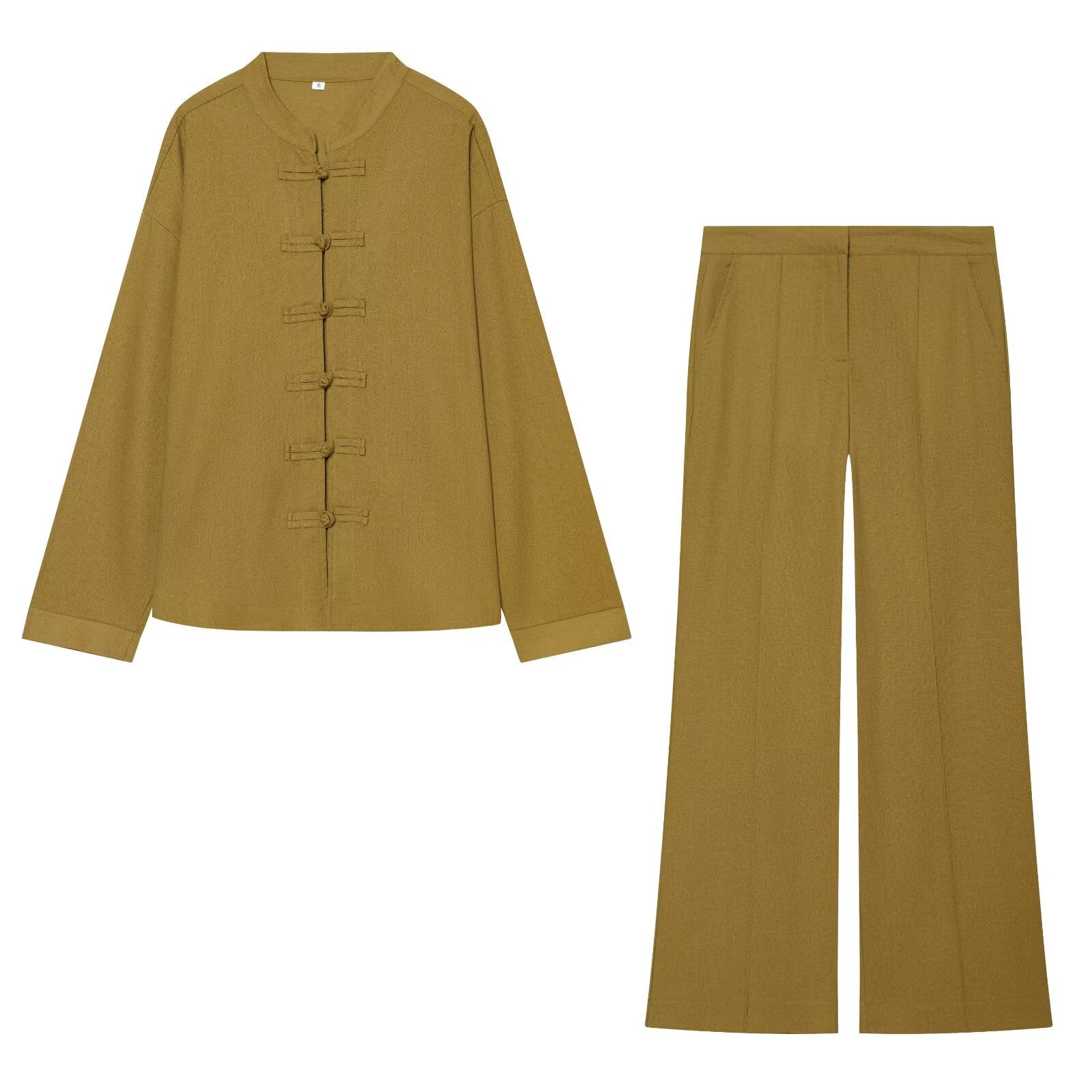 suit Women's 2 pieces loose rope knot buckle linen blend shirt+Pants