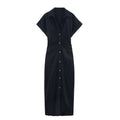 Women's new chic fashion pleated decoration slim single breasted linen blended MIDI dress retro short sleeved women's dress