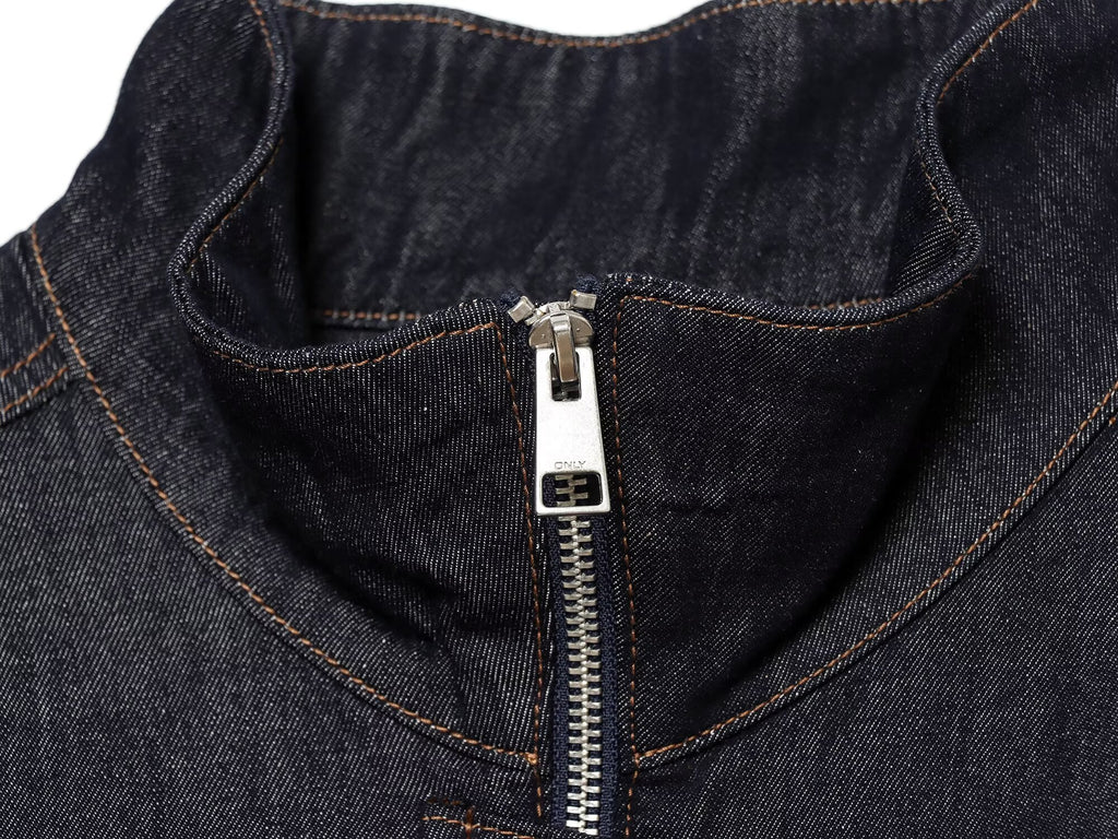 Women's waist belt decoration stand collar denim Coat