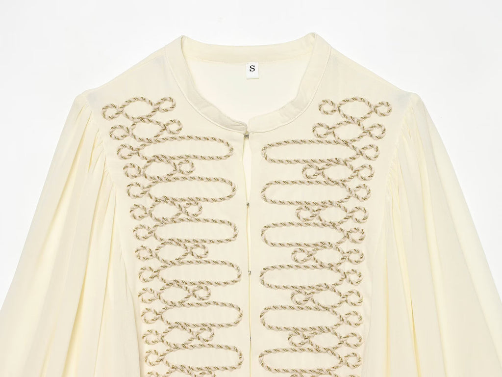 Women's long sleeved O Neck rope Knot button shirt