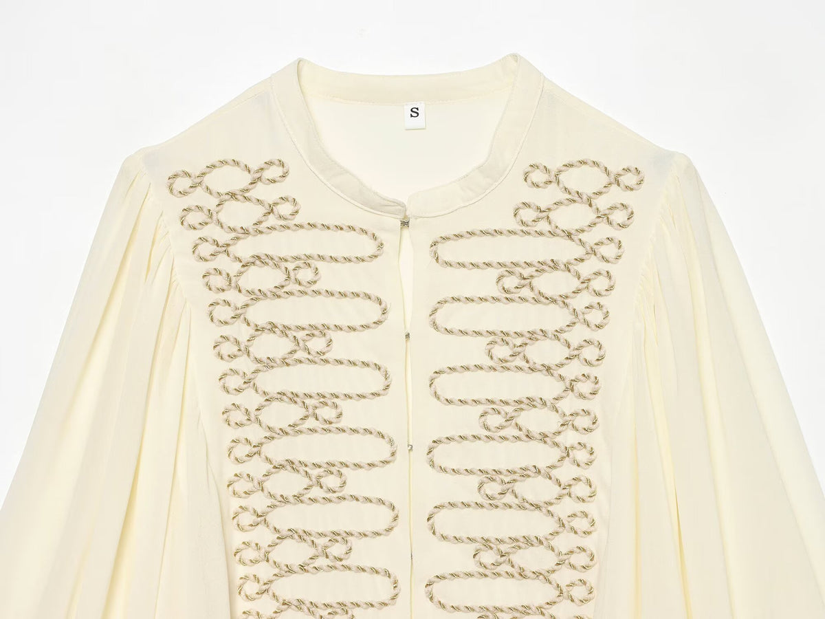 Women's long sleeved O Neck rope Knot button shirt