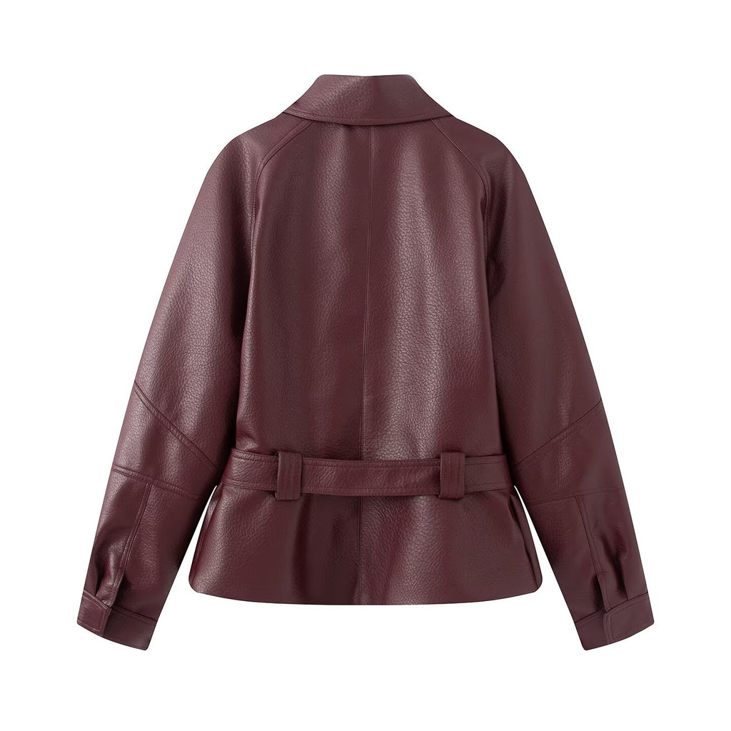 Women's with Belt faux leather windbreaker Coat