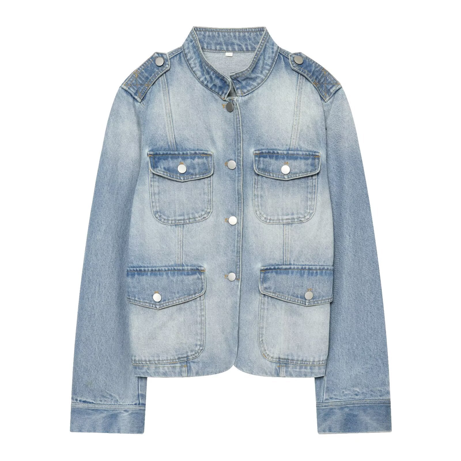 Women's long sleeved stand collar denim jacket