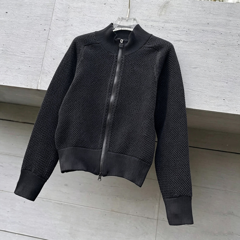 Women's new zipper knitted round neck long sleeve coat