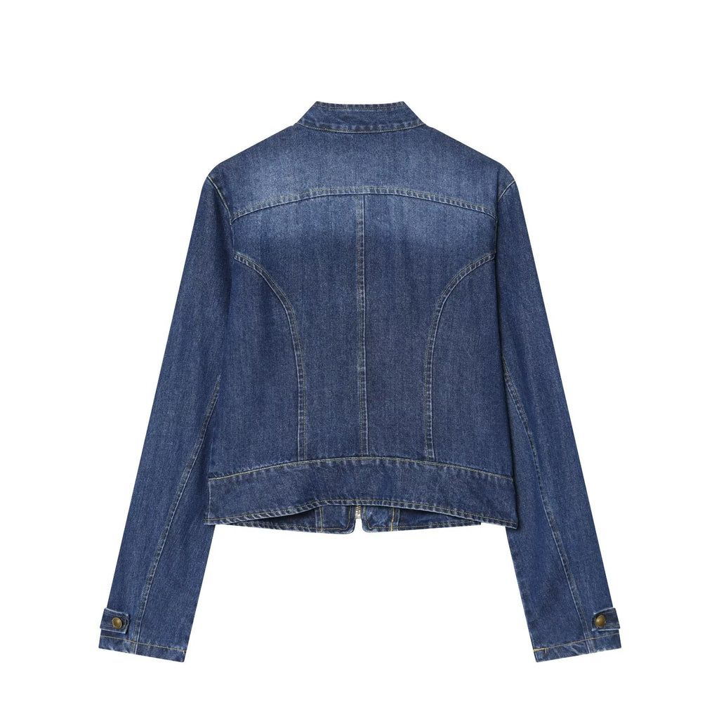 Women's long sleeved O Neck denim jacket