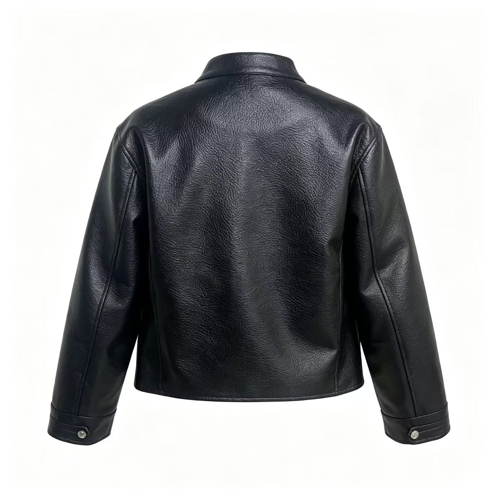 Women's button decoration short Faux Leather jacket Coat