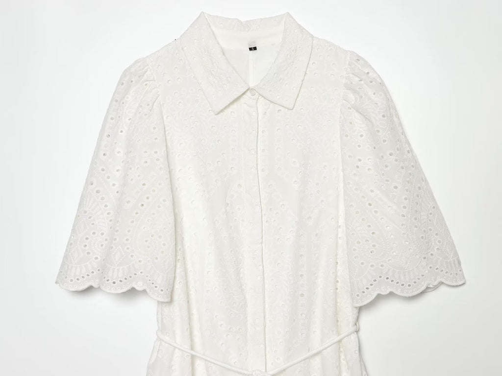 Women's hollowed out embroidered shirt style dress