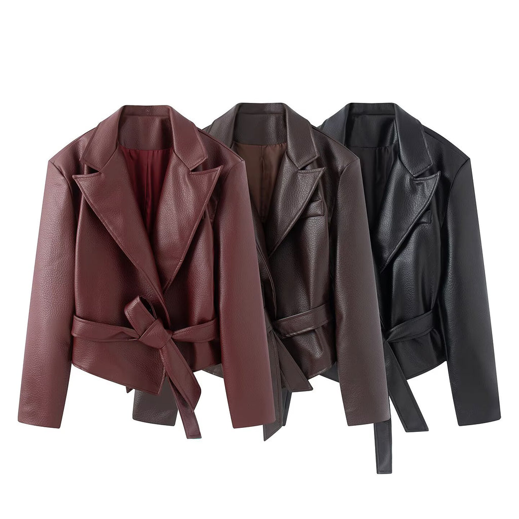Women's With Belt Lapel faux leather Coat