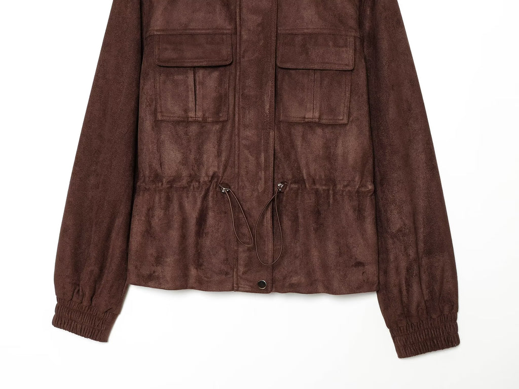 Women's suede waist cinched drawstring jacket Coat