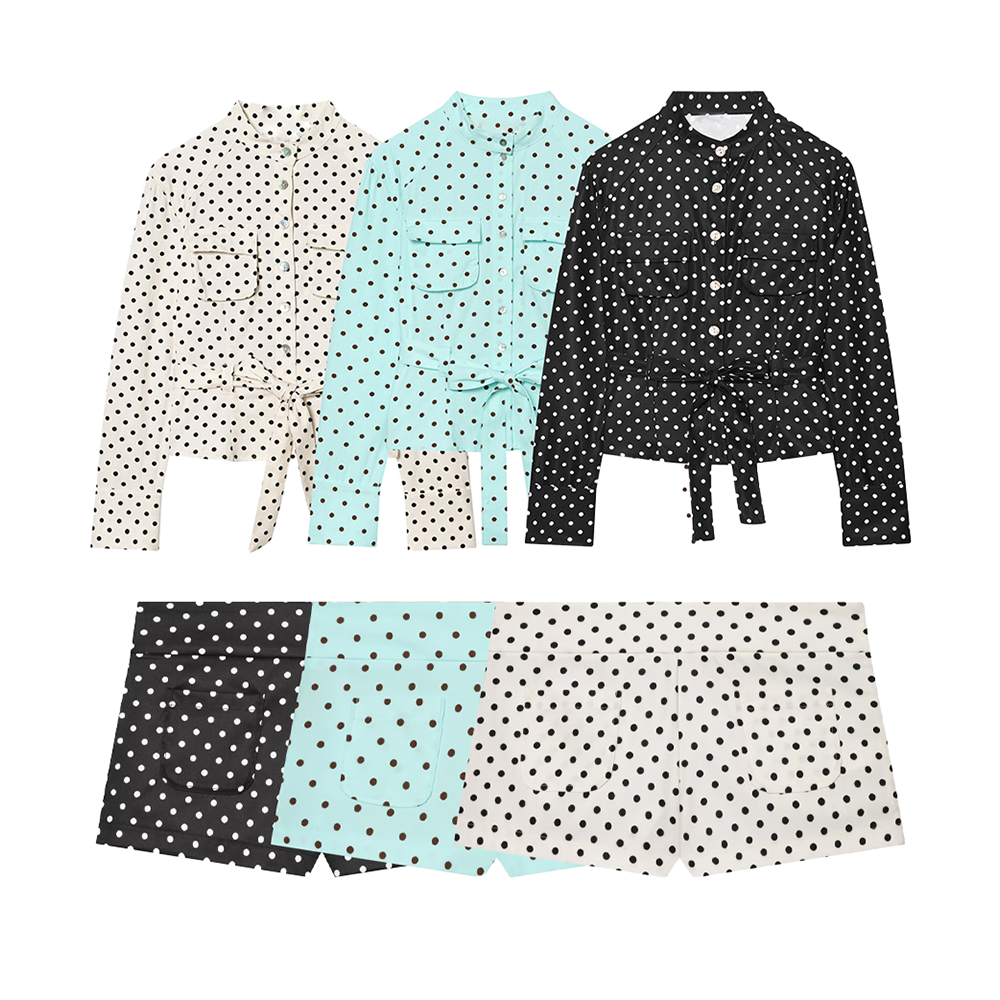 suit Women's 2 pieces polka dot pocket mini shorts+shirt style Coat