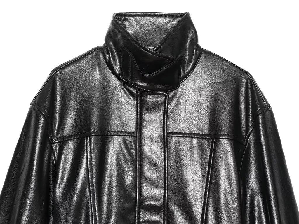 Women's with belt faux leather stand collar Coat