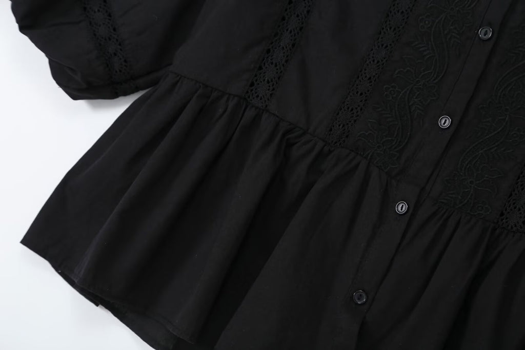 Women's hollowed out embroidered balloon sleeve shirt