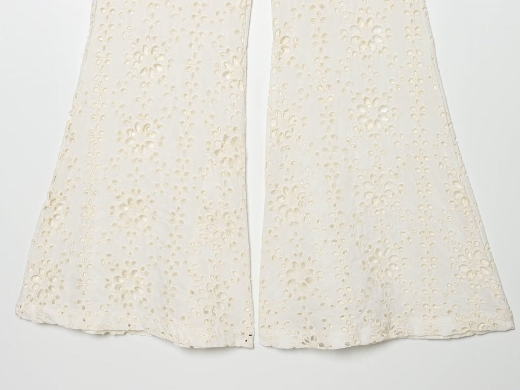 Women's hollowed out embroidered trumpet pants