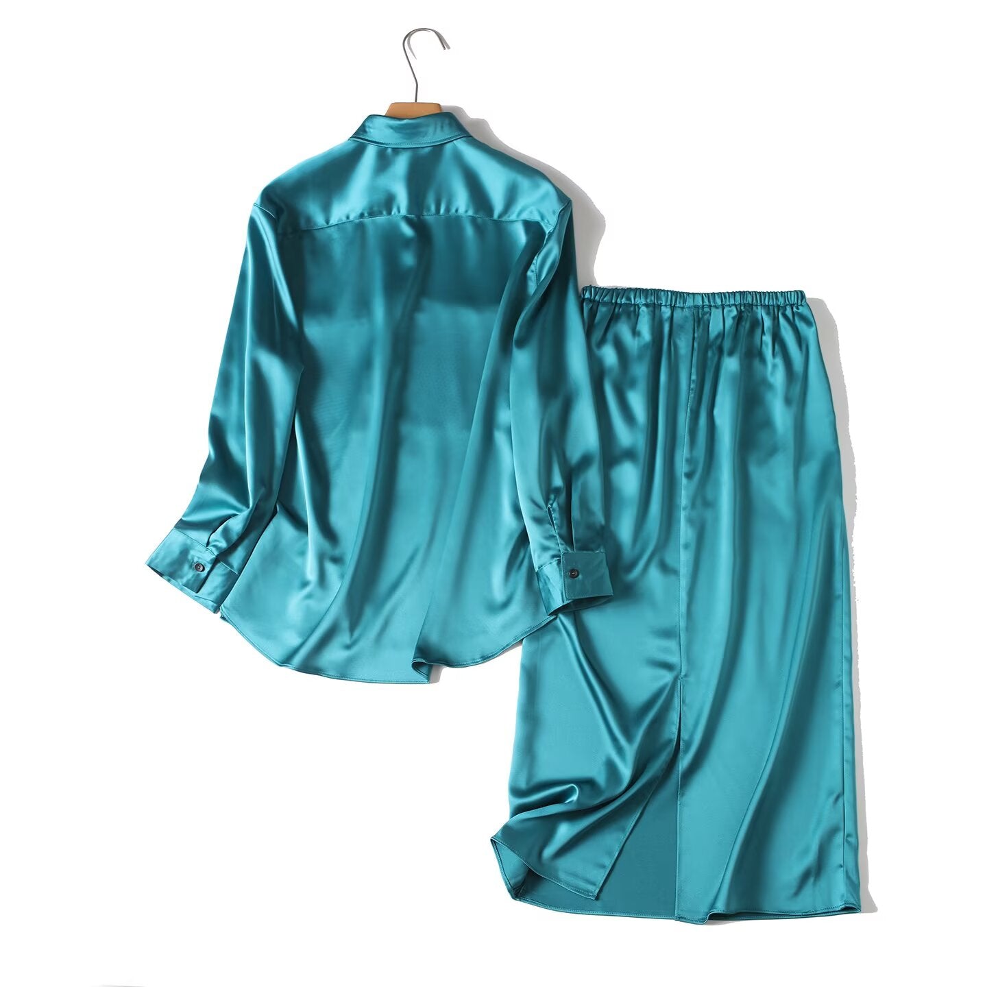suit Women's 2 pieces loose satin textured shirt+A-line skirt
