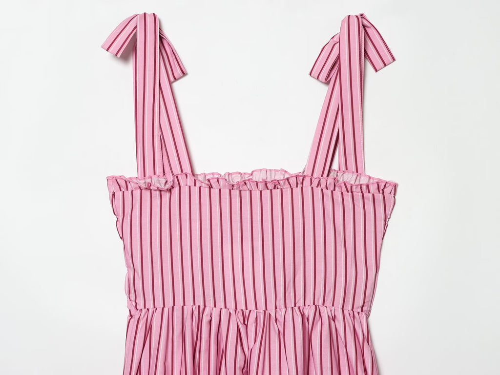 Women's bow wide shoulder strap striped dress