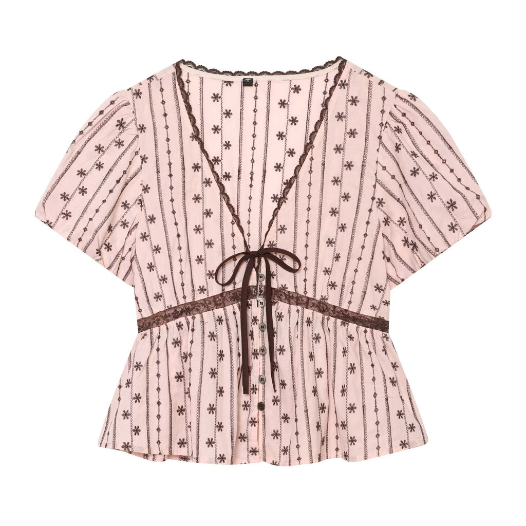 suit Women's 2 pieces lace bow decoration embroidered top+ Shorts Skirts