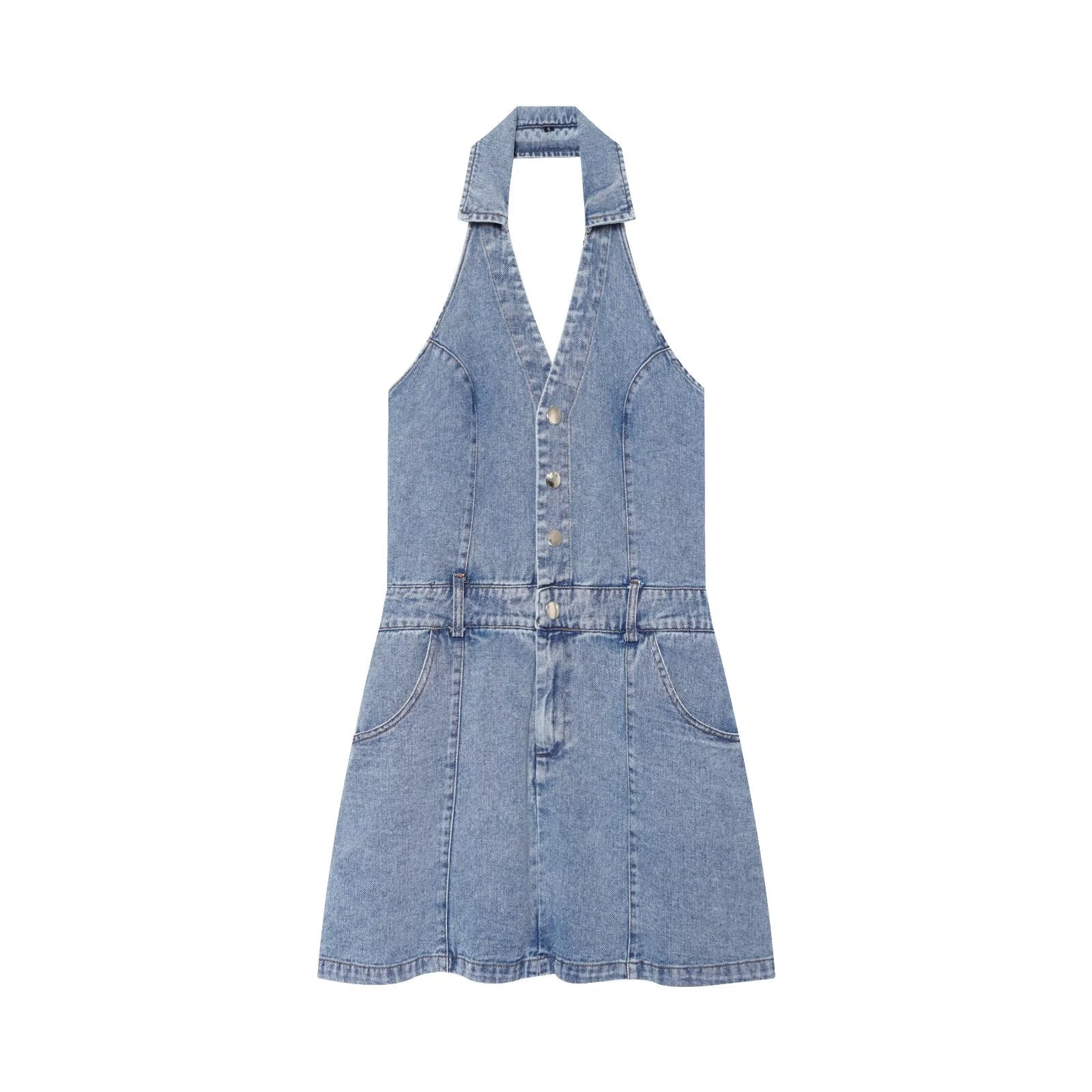 Women's flip hanging collar denim mini dress