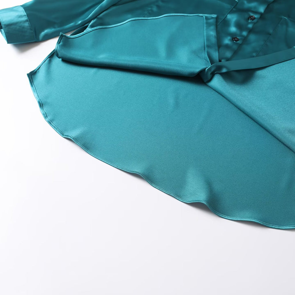 suit Women's 2 pieces loose satin textured shirt+A-line skirt