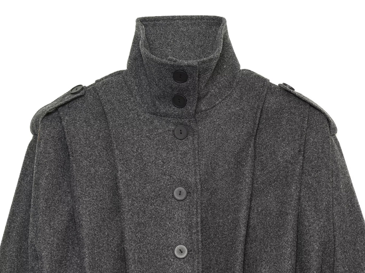 Women's pleated design standing collar woolen coat