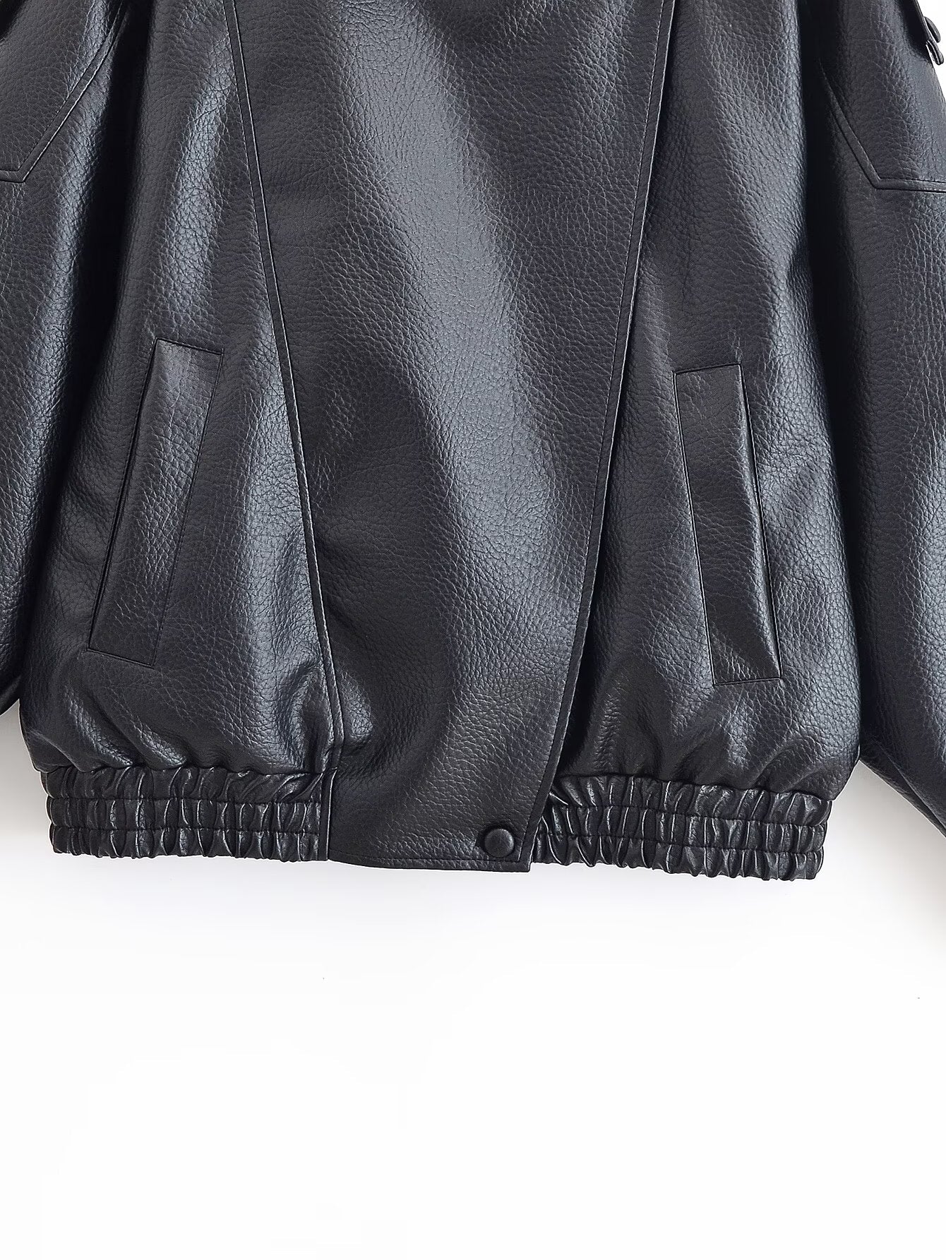 Women's 2025 fashion black stand collar patterned leather jacket Coat