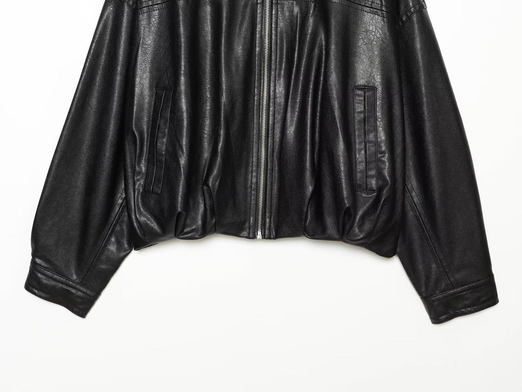Women's Leather Effect Puff Sleeve Pilot Jacket Coat