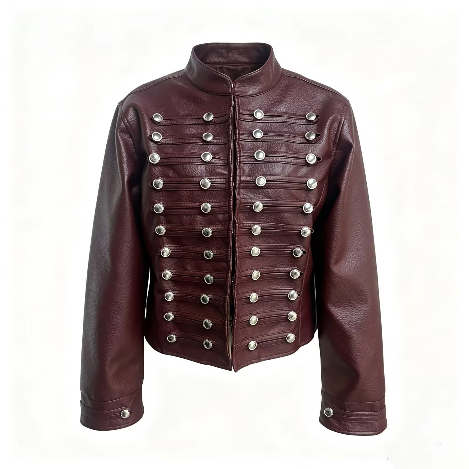 Women's button decoration short Faux Leather jacket Coat
