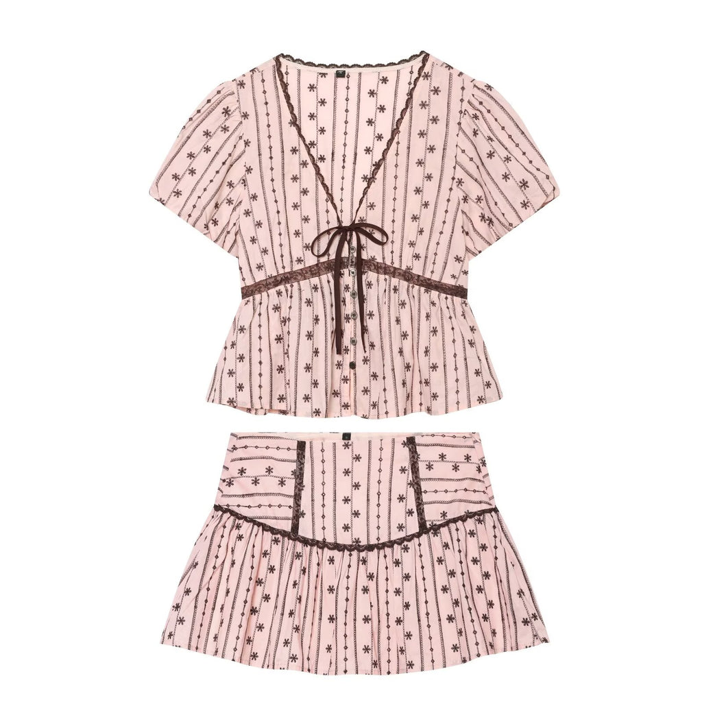 suit Women's 2 pieces lace bow decoration embroidered top+ Shorts Skirts