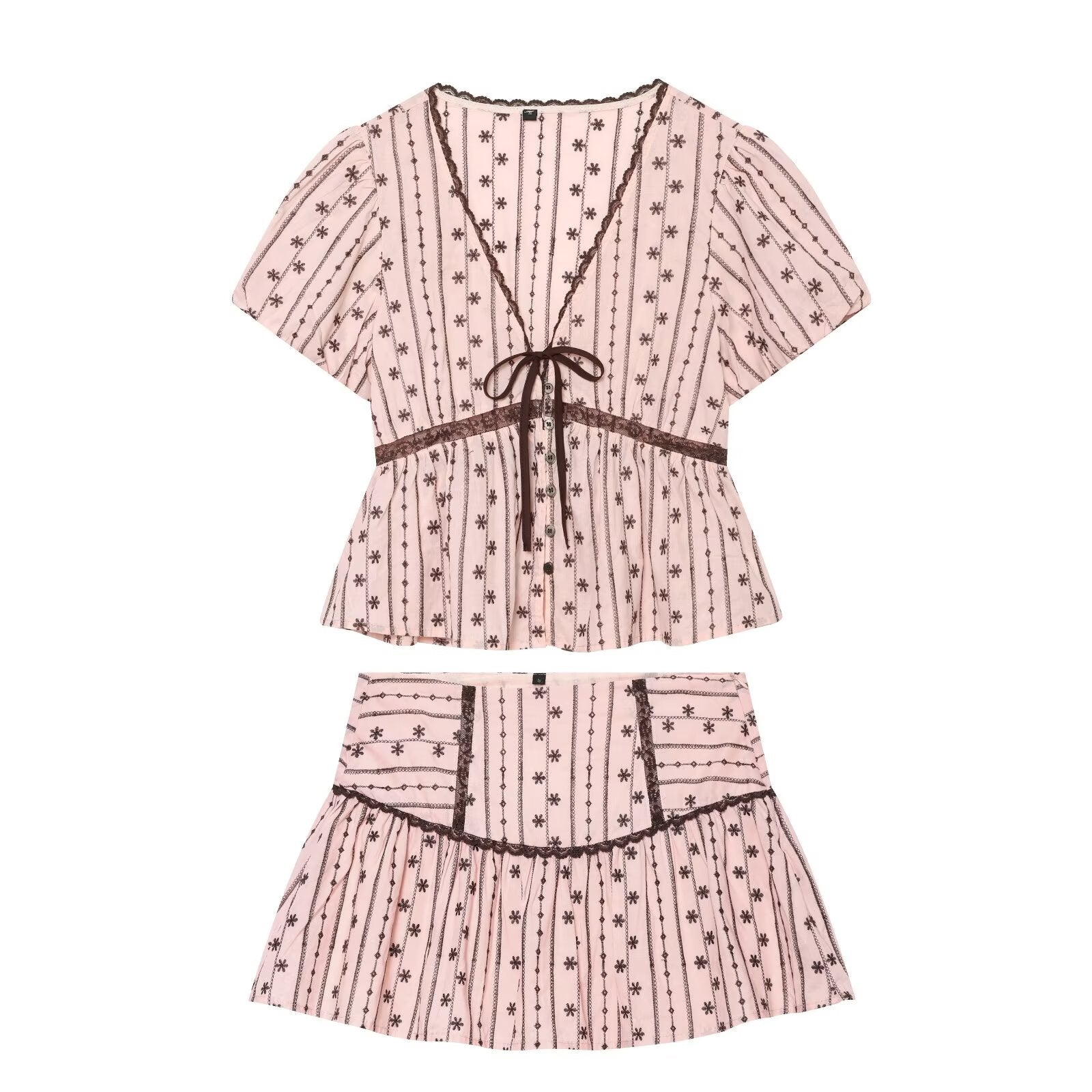 suit Women's 2 pieces lace bow decoration embroidered top+ Shorts Skirts