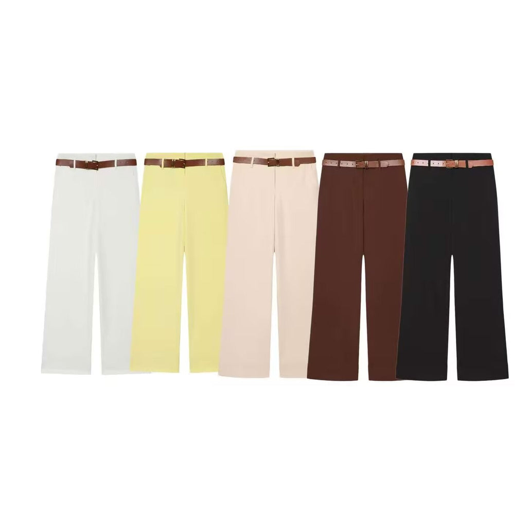 Women's With Belt high waisted straight leg rolled edge pants